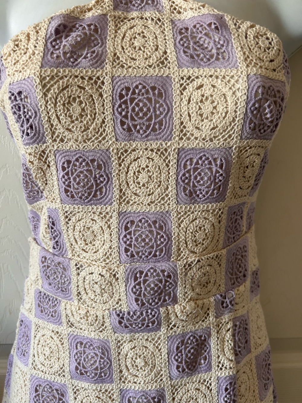 FORE COLLECTION Lilac/Cream Checkered Crochet Halter Dress Spring Wedding Guest - Picture 6 of 13